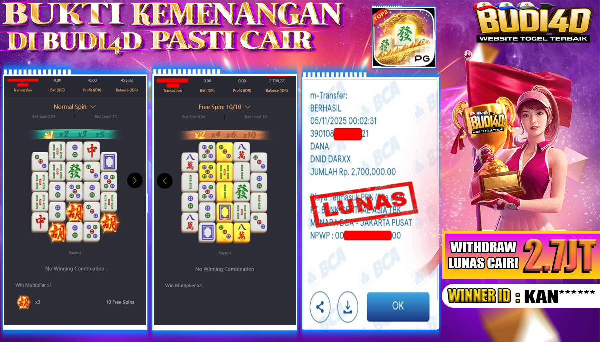 BUDI4D JACKPOT USER ID : KAN**** SLOT PG SOFT ( Mahjong Ways 2 ) Rp.2.700.000,- LUNAS