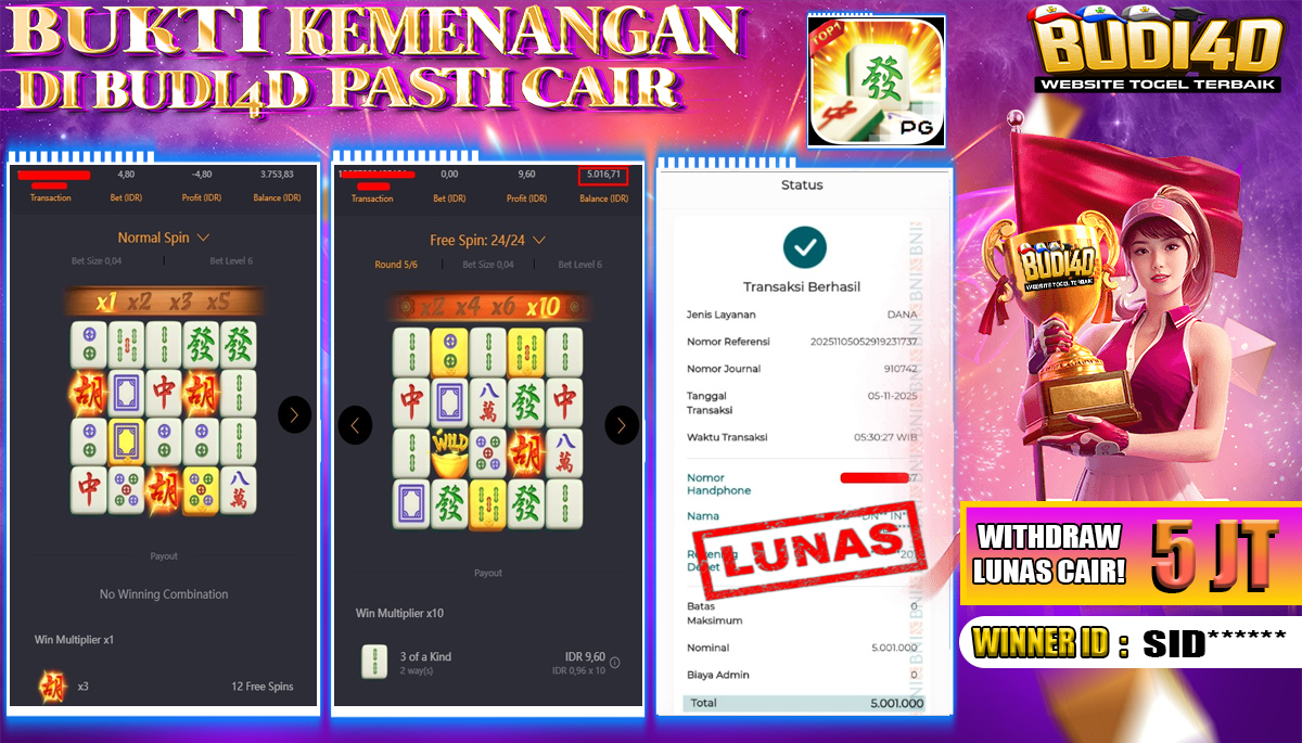 BUDI4D JACKPOT USER ID : SID**** SLOT PG SOFT ( Mahjong Ways ) Rp.5.001.000,- LUNAS