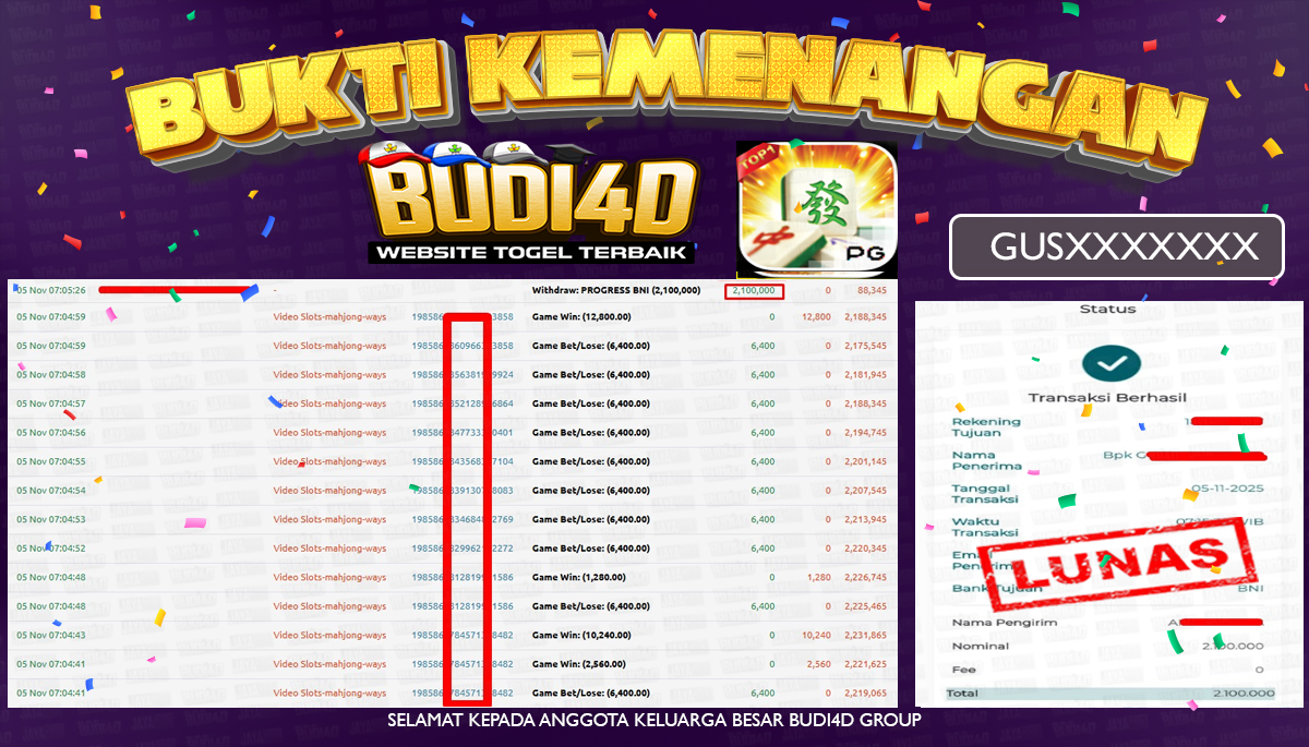 BUDI4D JACKPOT USER ID :  GUS**** SLOT PG SOFT ( Mahjong Ways ) Rp.2.100.000,- LUNAS