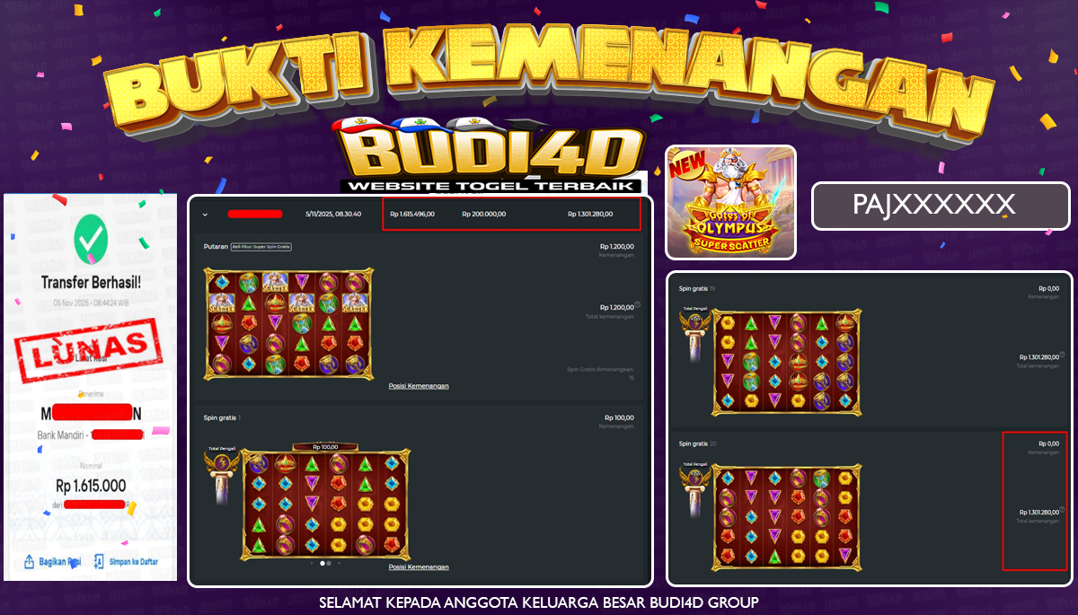 BUDI4D JACKPOT USER ID : PAJ**** SLOT PRAGMATIC PLAY ( Gates of Olympus Super Scatter ) Rp.1.615.000,- LUNAS