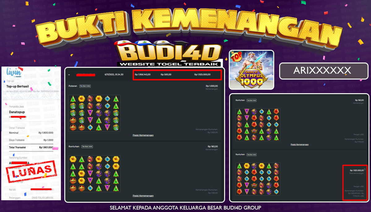 BUDI4D JACKPOT USER ID : ARI**** SLOT PRAGMATIC PLAY ( Gates of Olympus 1000 ) Rp.1.801.000,- LUNAS