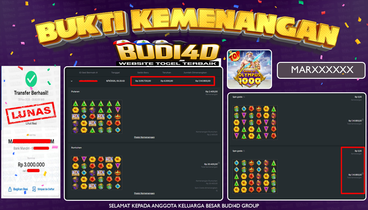 BUDI4D JACKPOT USER ID : MAR**** SLOT PRAGMATIC PLAY (GATES OF OLYMPUS 1000 ) Rp.3.000.000,- LUNAS