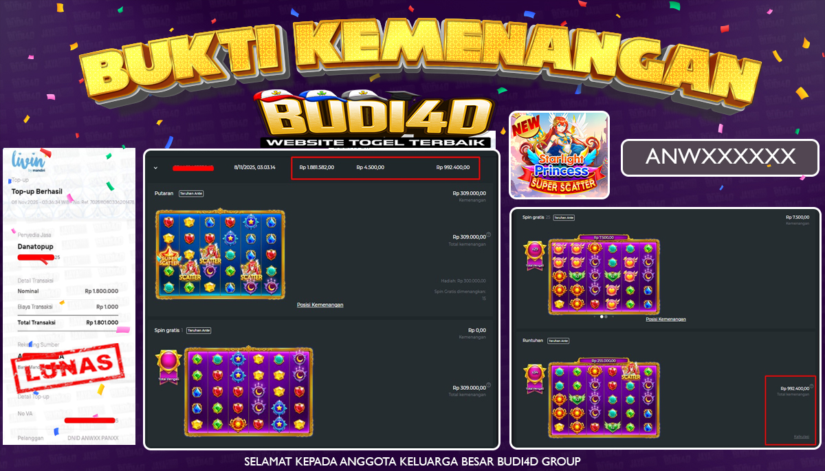 BUDI4D JACKPOT USER ID : ANW**** SLOT PRAGMATIC PLAY ( Starlight Princess Super Scatter ) Rp.1.800.000,- LUNAS