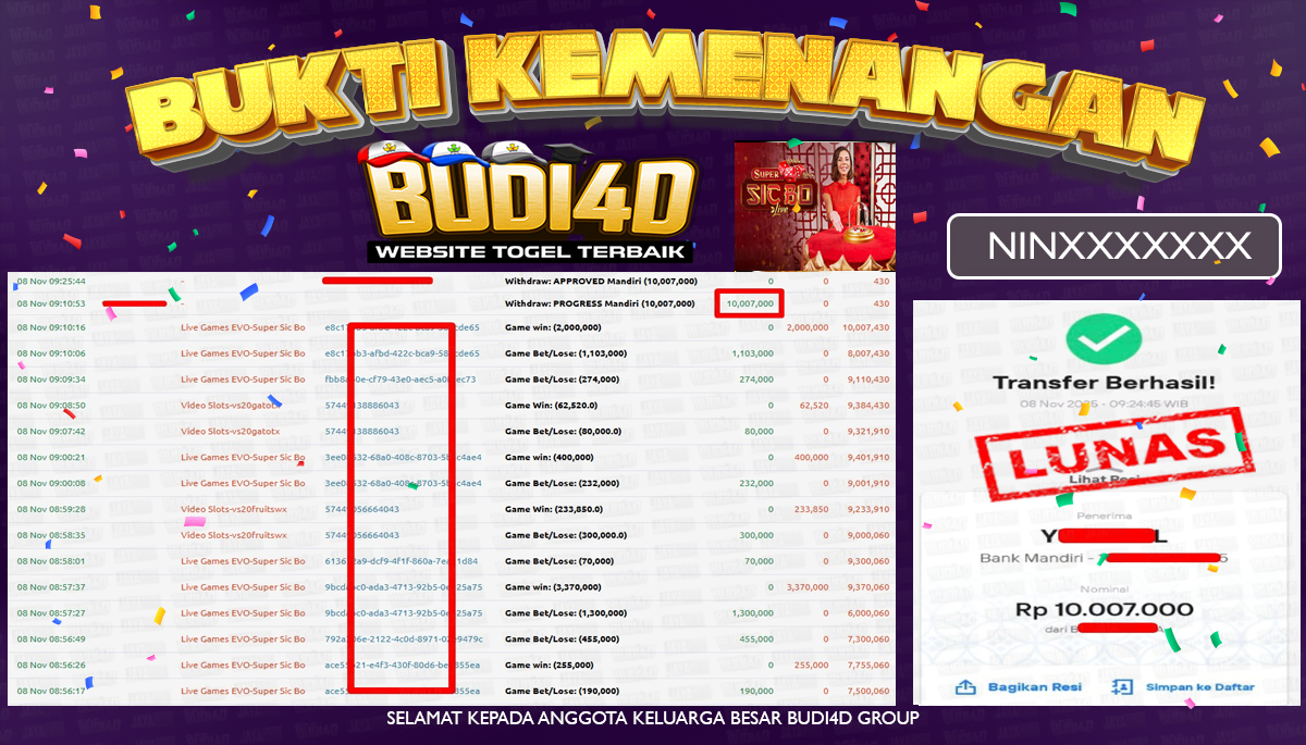 BUDI4D JACKPOT USER ID : ANW**** LIVE GAMES EVO ( SUPER SICBO ) Rp.10.007.000,- LUNAS