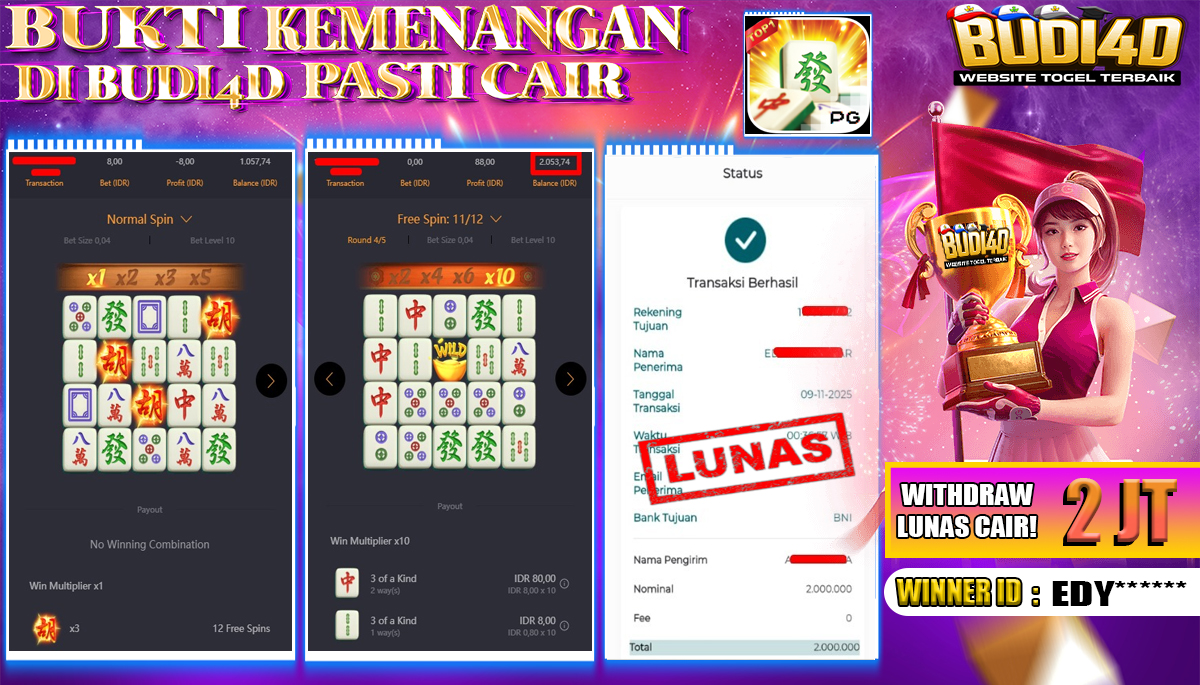 BUDI4D JACKPOT USER ID : EDYS*** SLOT PG SOFT ( MAHJONG WAYS ) Rp.2.000.000,- LUNAS