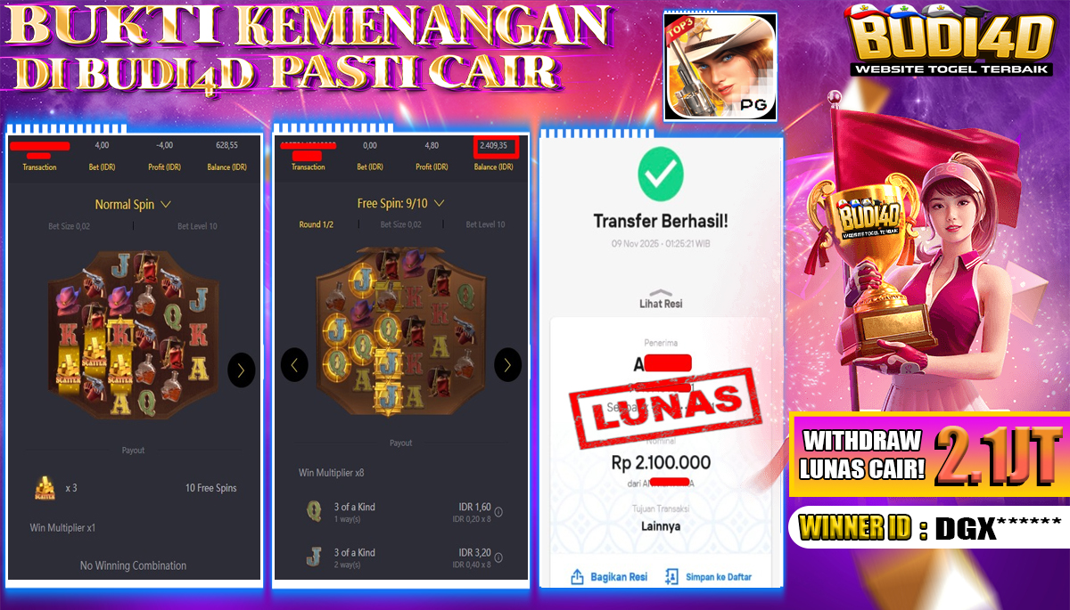 BUDI4D JACKPOT USER ID : DGX7*** SLOT PG SOFT ( WILD BOUNTY SHOWDOWN ) Rp.2.100.000,- LUNAS