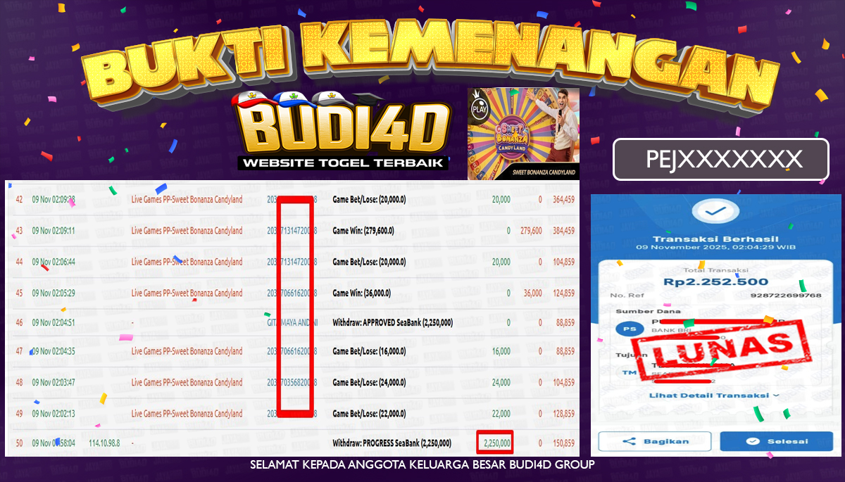 BUDI4D JACKPOT USER ID : PEJ*** LIVE GAMES PP ( SWEET BONANZA CANDYLAND ) Rp.2.250.000,- LUNAS
