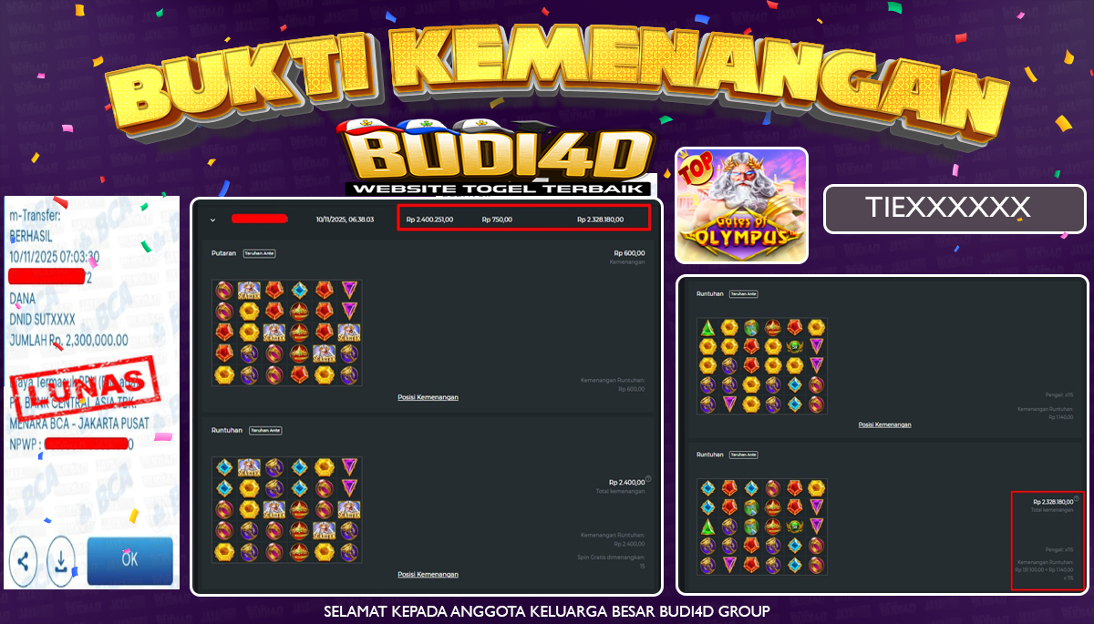 BUDI4D JACKPOT USER ID : TIES**** SLOT PRAGMATIC PLAY ( Gates of Olympus ) Rp.2.300.000,- LUNAS