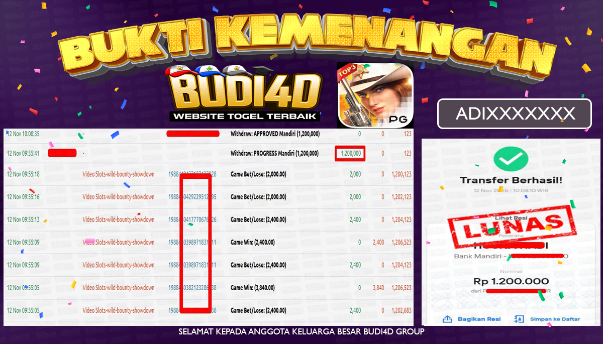 BUDI4D JACKPOT USER ID : ADI*** SLOT PG SOFT ( WILD BOUNTY SHOWDOWN ) Rp.1.200.000,- LUNAS