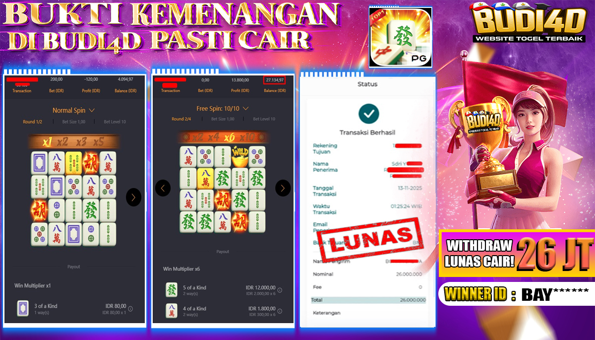 BUDI4D JACKPOT USER ID : BAY*** SLOT PG SOFT ( MAHJONG WAYS ) Rp.26.000.000,- LUNAS	