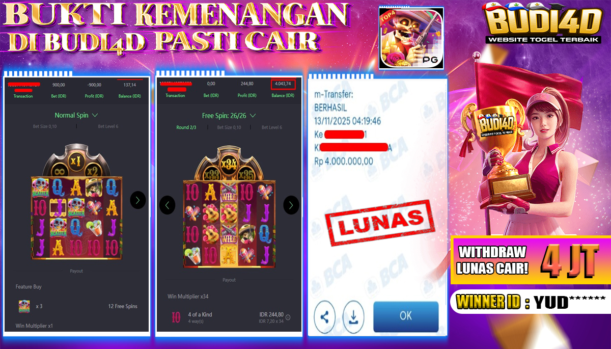 BUDI4D JACKPOT USER ID : YUD*** SLOT PG SOFT ( WILD BANDITO ) Rp.4.000.000,- LUNAS	