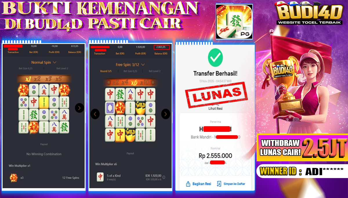 BUDI4D JACKPOT USER ID : ADI*** SLOT PG SOFT ( MAHJONG WAYS ) Rp.2.555.000,- LUNAS	