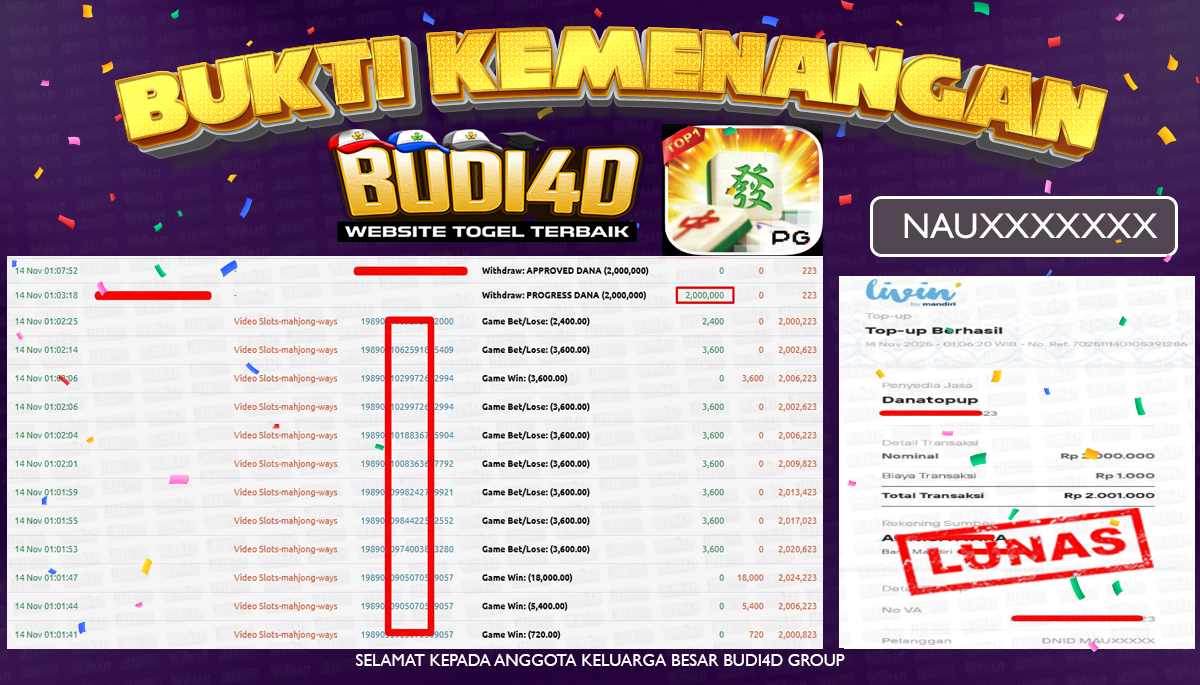 BUDI4D JACKPOT USER ID : NAU*** SLOT PG SOFT ( MAHJONG WAYS ) Rp.2.000.000,- LUNAS	