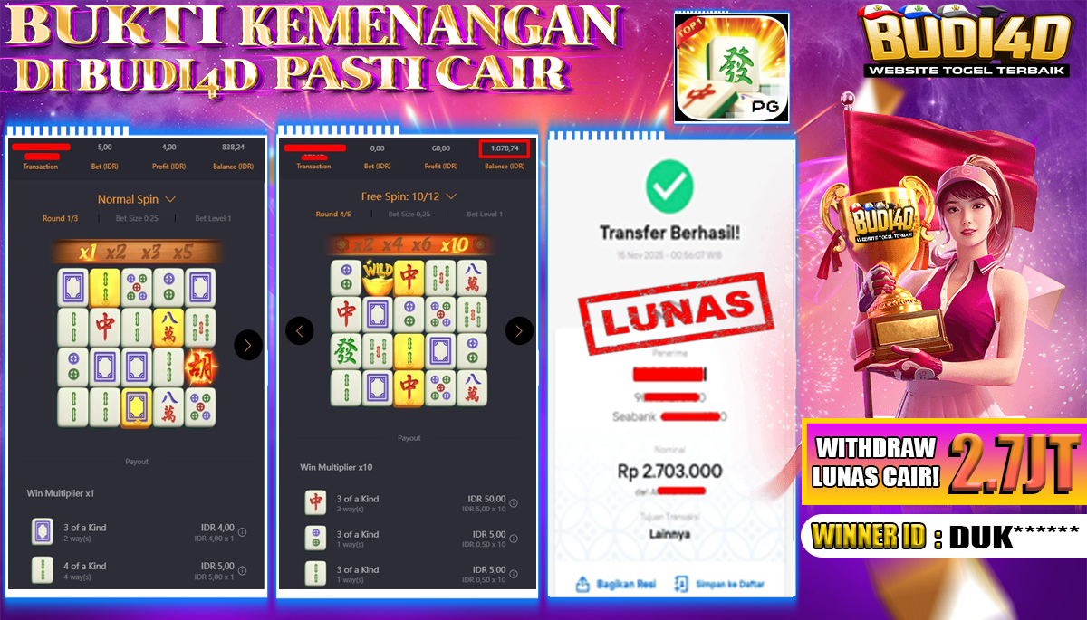 BUDI4D JACKPOT USER ID : DUK*** SLOT PG SOFT ( MAHJONG WAYS ) Rp.2.703.000,- LUNAS	