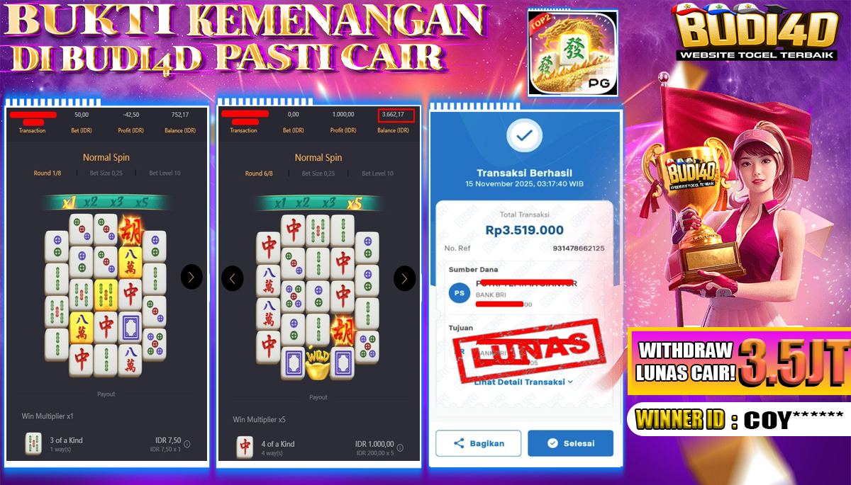 BUDI4D JACKPOT USER ID : COV*** SLOT PG SOFT ( MAHJONG WAYS 2 ) Rp.3.519.000,- LUNAS	