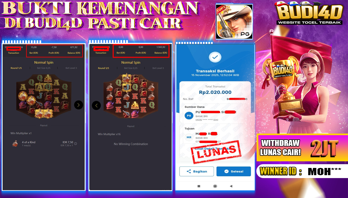 BUDI4D JACKPOT USER ID : MOH*** SLOT PG SOFT ( WILD BOUNTY SHOWDOWN ) Rp.2.020.000,- LUNAS