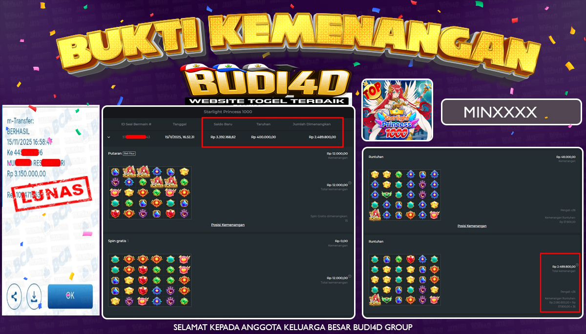BUDI4D JACKPOT USER ID : MIN*** SLOT PRAGMATIC PLAY ( Starlight Princess 1000 ) Rp.3.150.000,- LUNAS