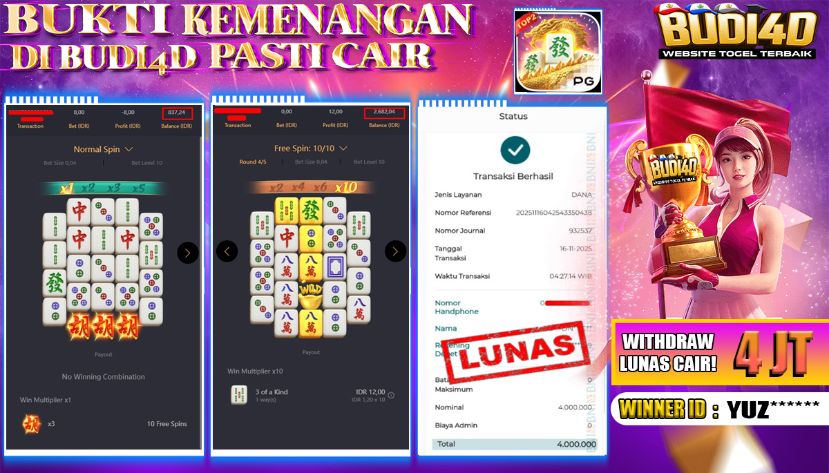 ID PENGGUNA JACKPOT BUDI4D : YUZ*** SLOT PG SOFT ( MAHJONG WAYS 2 ) Rp.4.000.000,- LUNAS	