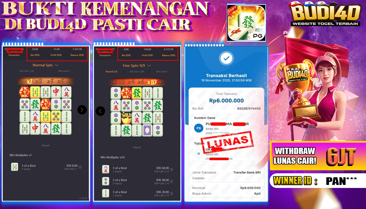 BUDI4D JACKPOT USER ID : PAN*** SLOT PG SOFT ( MAHJONG WAYS ) Rp.6.000.000,- LUNAS