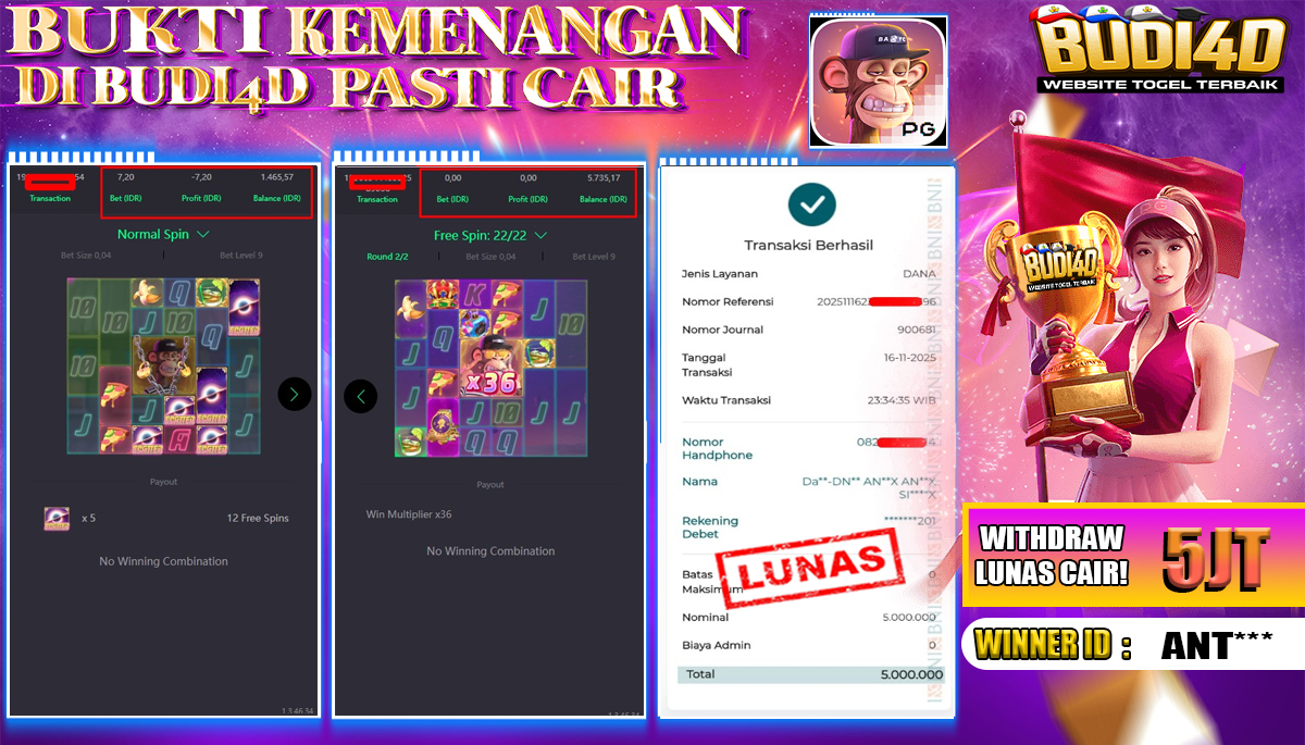 BUDI4D JACKPOT USER ID : ANT*** SLOT PG SOFT ( WILD APE ) Rp.5.000.000,- LUNAS