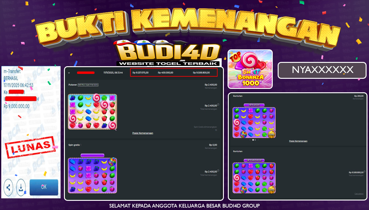 ID PENGGUNA JACKPOT BUDI4D : NYA*** SLOT PRAGMATIC PLAY ( SWEET BONANZA 1000 ) Rp.9.000.000,- LUNAS	