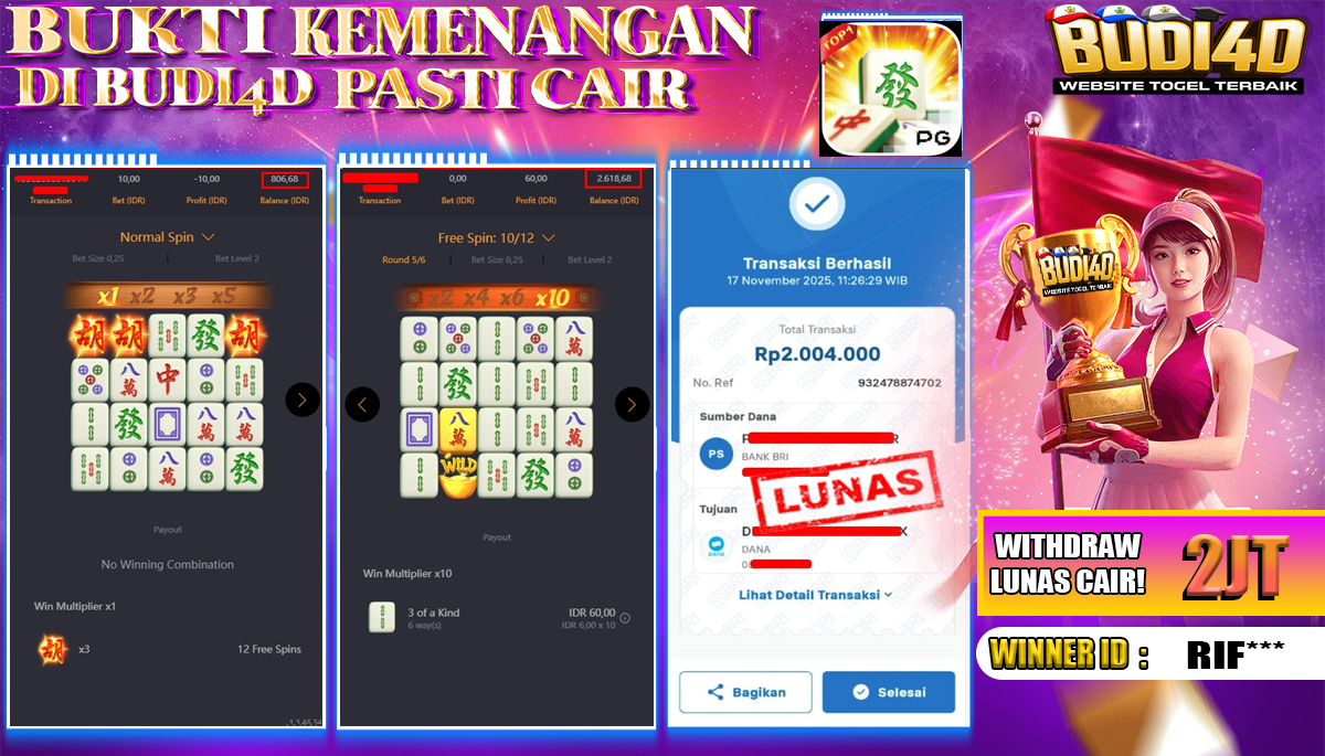 BUDI4D JACKPOT USER ID : RIF*** SLOT PG SOFT ( MAHJONG WAYS ) Rp.2.004.000,- LUNAS