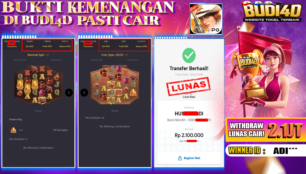 BUDI4D JACKPOT USER ID : ADI*** SLOT PG SOFT ( WILD BOUNTY SHOWDOWN ) Rp.2.100.000,- LUNAS