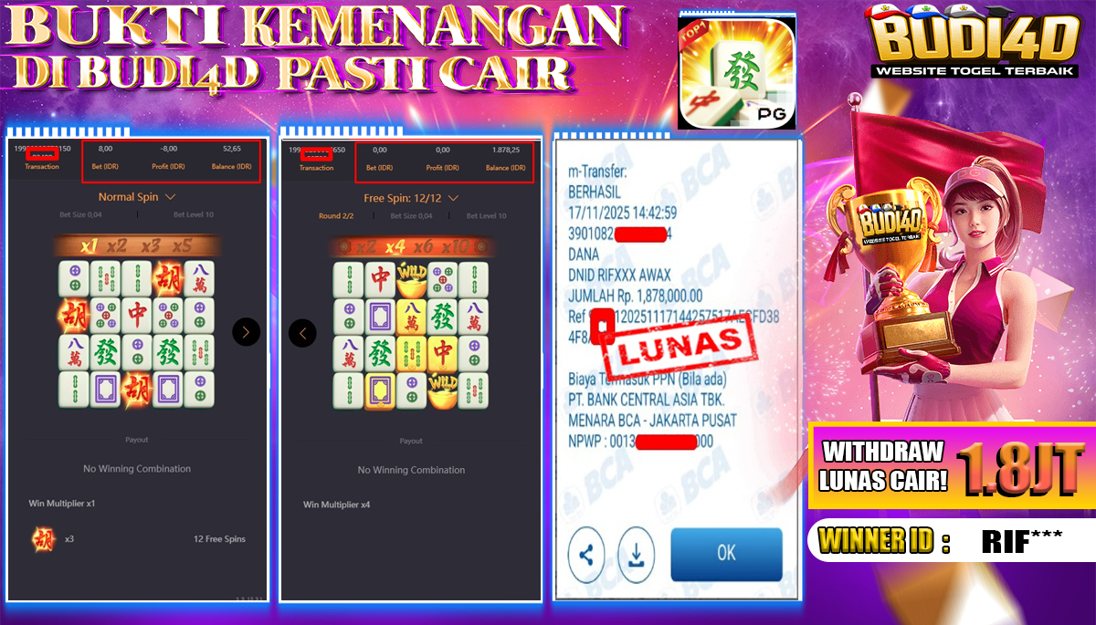 BUDI4D JACKPOT USER ID : RIF*** SLOT PG SOFT ( MAHJONG WAYS ) Rp.1.878.000,- LUNAS