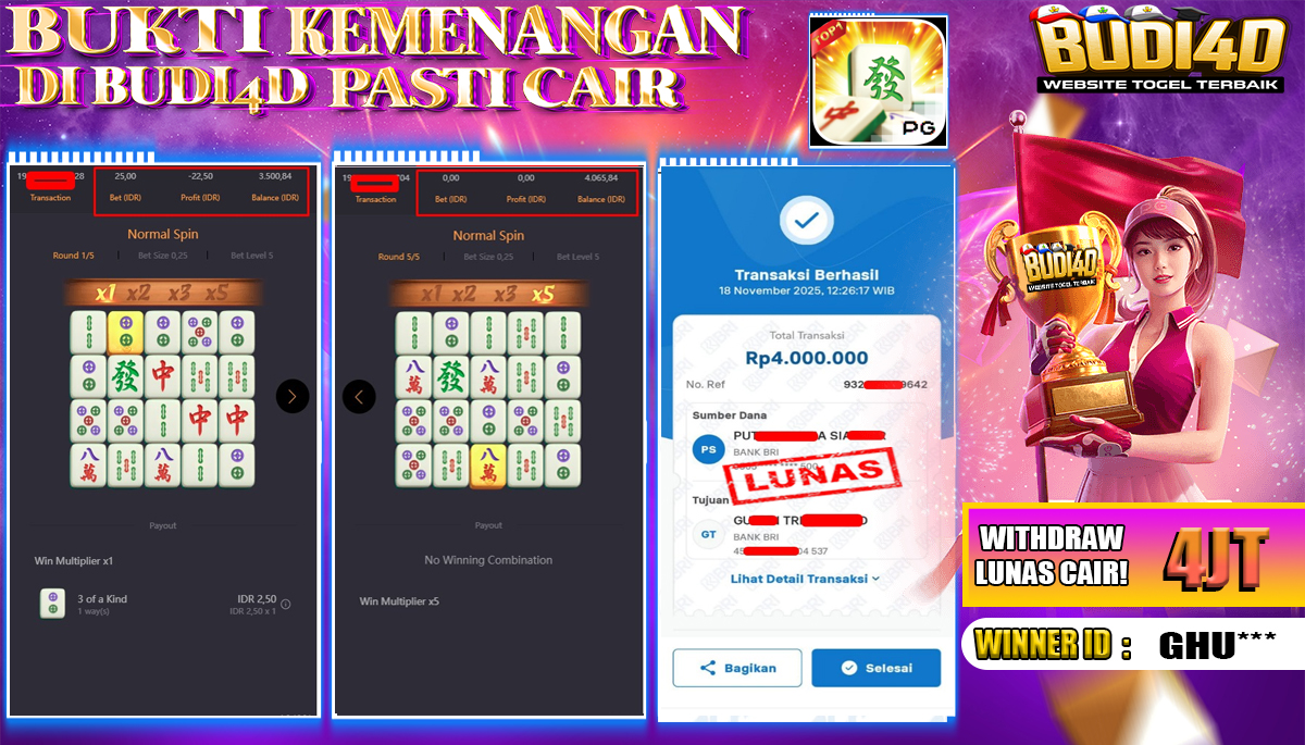 BUDI4D JACKPOT USER ID : GHU*** SLOT PG SOFT ( MAHJONG WAYS ) Rp.4.000.000,- LUNAS