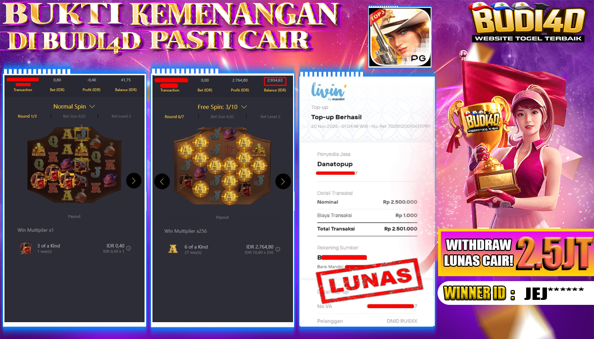 BUDI4D JACKPOT USER ID :  JEJ*** SLOT PG SOFT ( WILD BOUNTY SHOWDOWN ) Rp.2.500.000,- LUNAS	