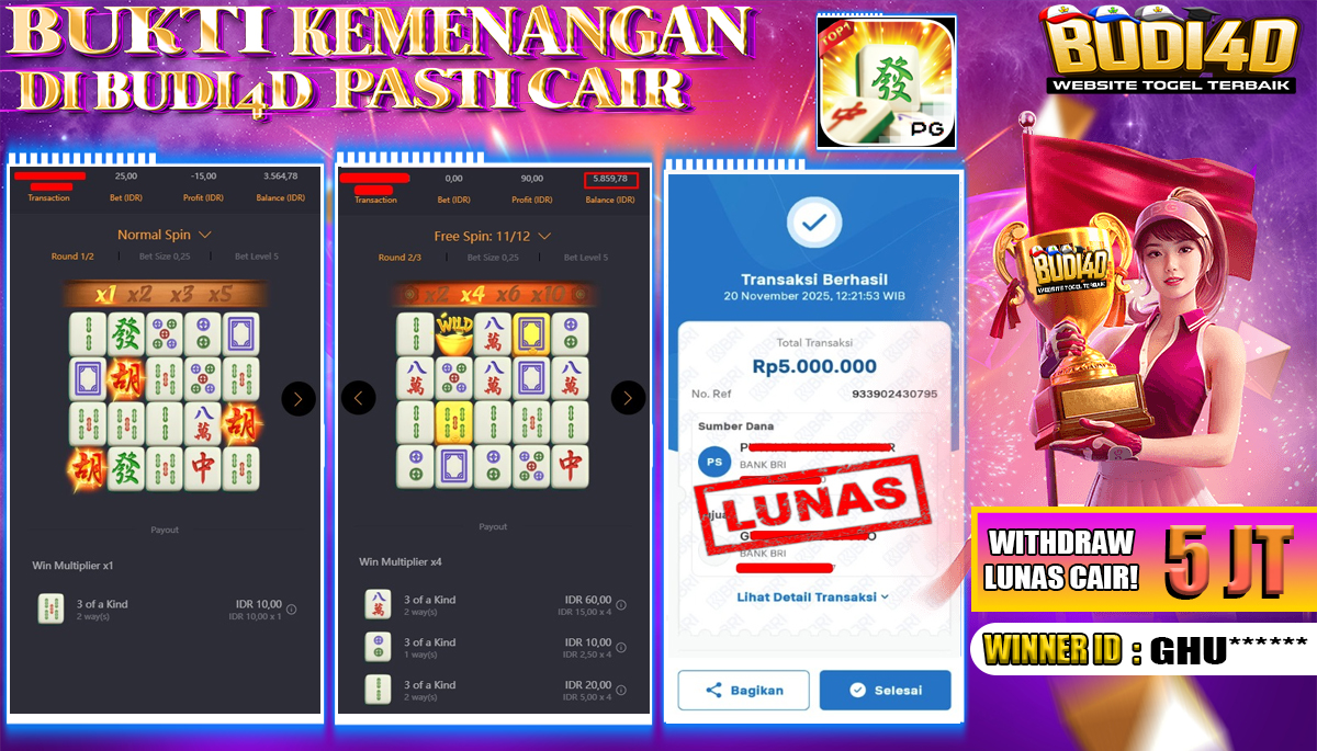 BUDI4D JACKPOT USER ID : GHU*** SLOT PG SOFT ( MAHJONG WAYS ) Rp.5.000.000,- LUNAS	