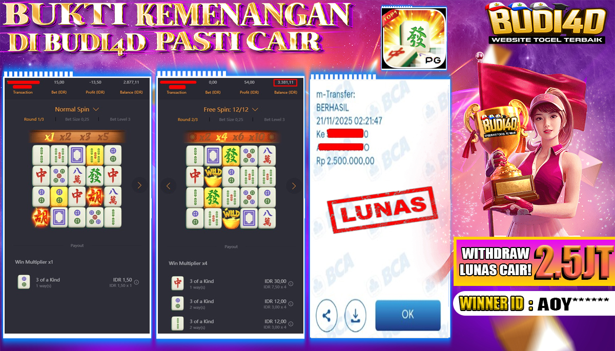 BUDI4D JACKPOT USER ID : AOY*** SLOT PG SOFT ( MAHJONG WAYS ) Rp.2.500.000,- LUNAS	