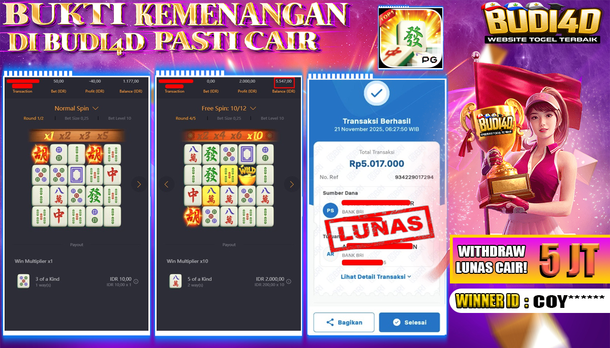 BUDI4D JACKPOT USER ID : COY*** SLOT PG SOFT ( MAHJONG WAYS ) Rp.5.017.000,- LUNAS	