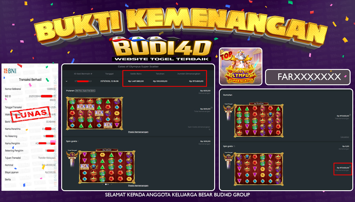 BUDI4D JACKPOT USER ID : FAR*** SLOT PRAGMATIC PLAY ( Gates of Olympus Super Scatter ) Rp.1.418.000,- LUNAS