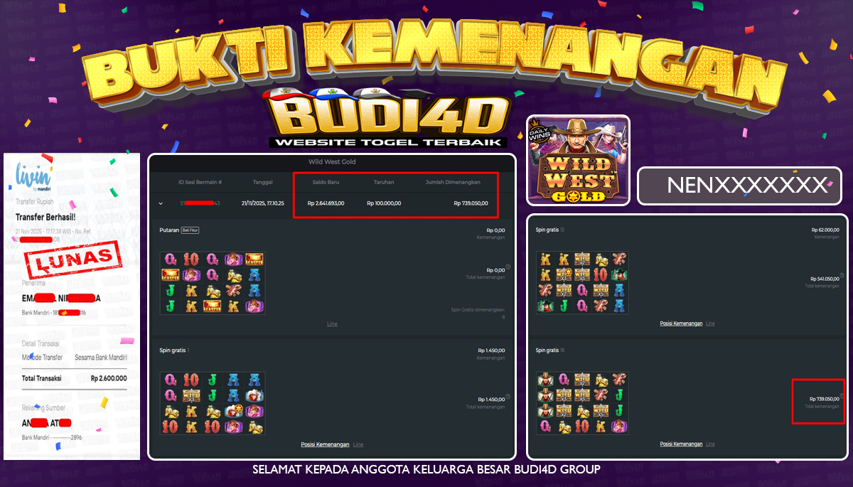 BUDI4D JACKPOT USER ID : NENA*** SLOT PRAGMATIC PLAY ( Wild West Gold ) Rp.2.600.000,- LUNAS