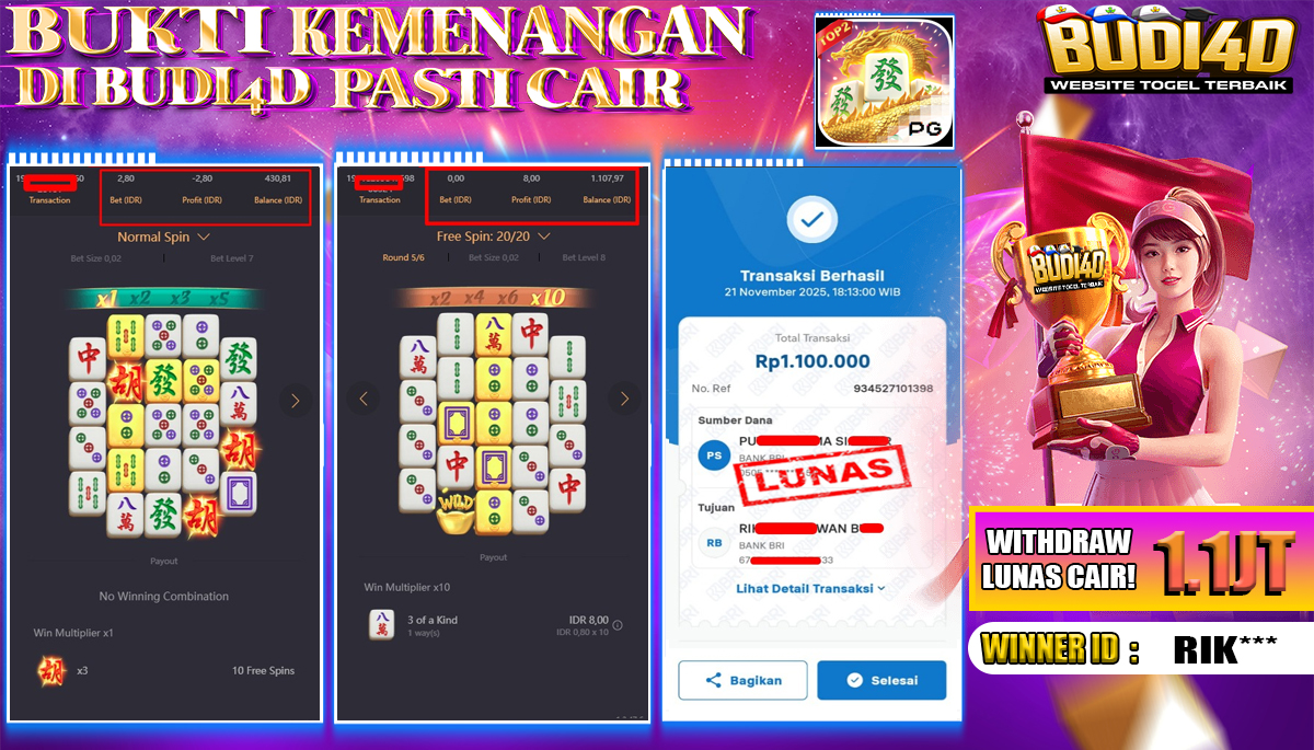 BUDI4D JACKPOT USER ID : RIK*** SLOT PG SOFT ( MAHJONG WAYS 2 ) Rp.1.100.000,- LUNAS