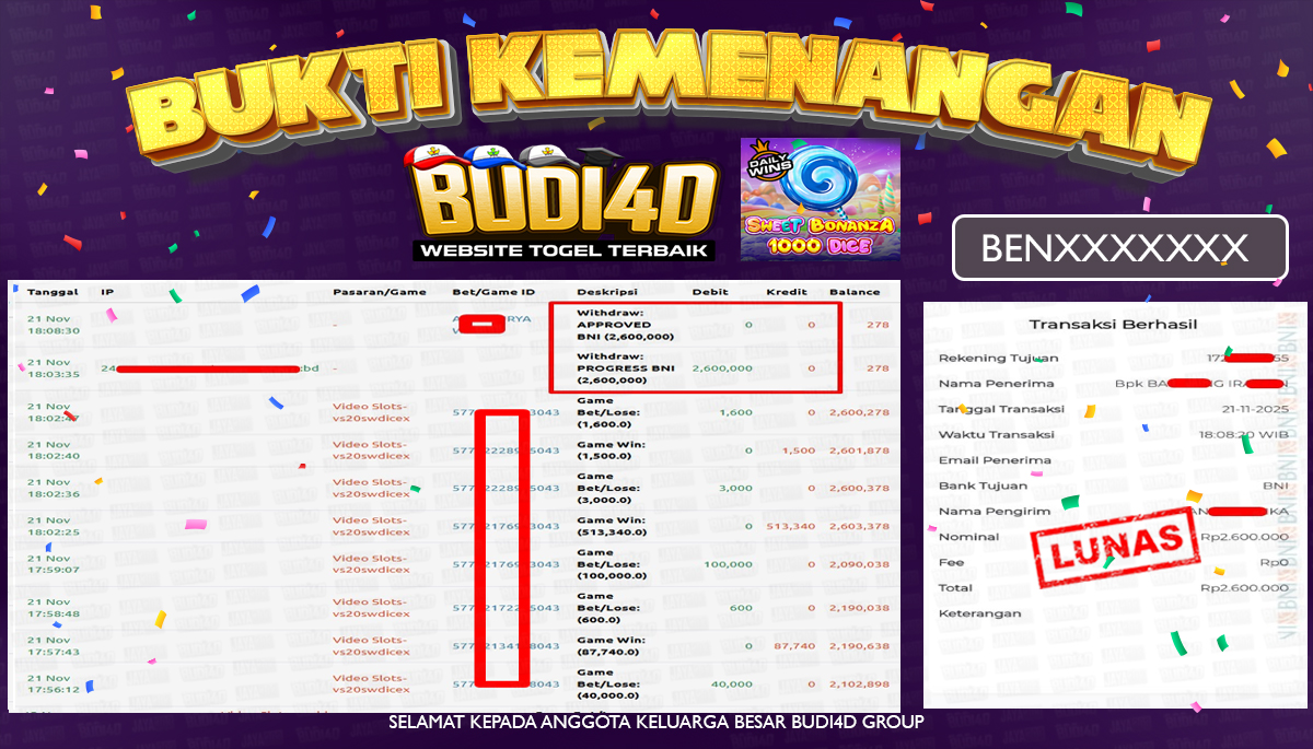 BUDI4D JACKPOT USER ID : BENK*** SLOT PRAGMATIC PLAY ( Sweet Bonanza 1000 Dice ) Rp.1.418.000,- LUNAS