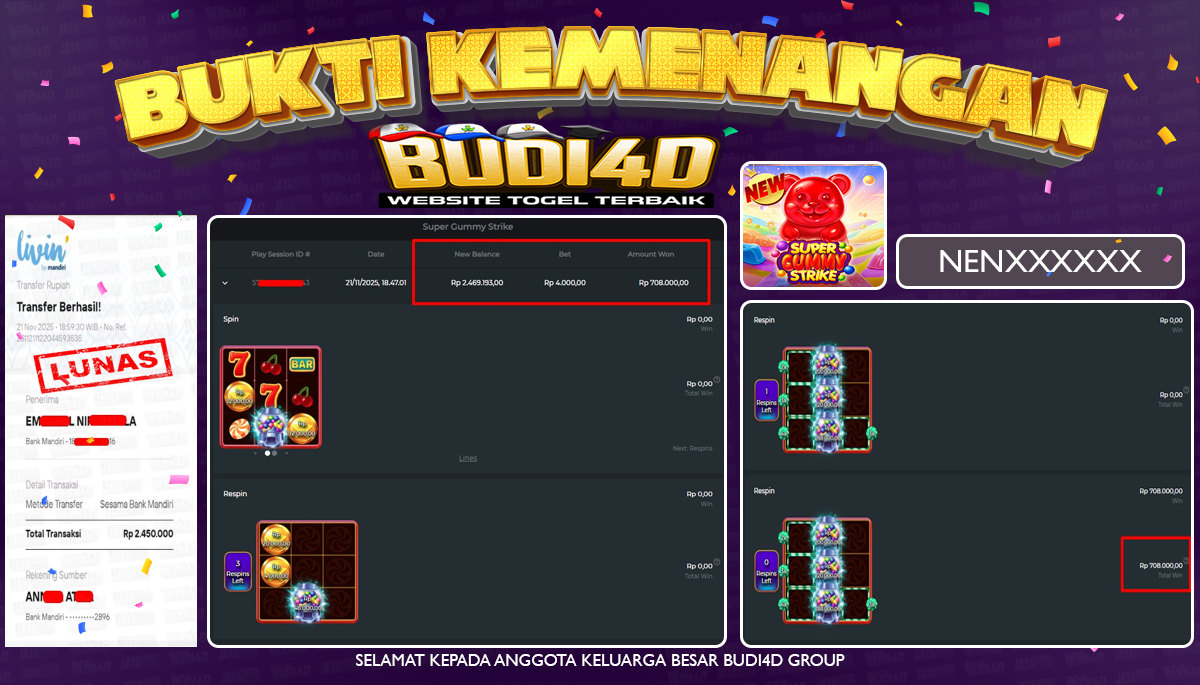 BUDI4D JACKPOT USER ID : NEN*** SLOT PRAGMATIC PLAY ( Super Gummy Strike ) Rp.2.450.000,- LUNAS