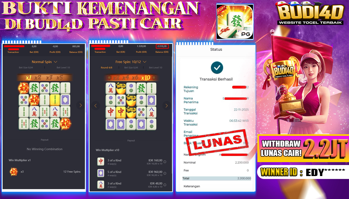 BUDI4D JACKPOT USER ID : EDY*** SLOT PG SOFT ( MAHJONG WAYS ) Rp.2.200.000,- LUNAS	
