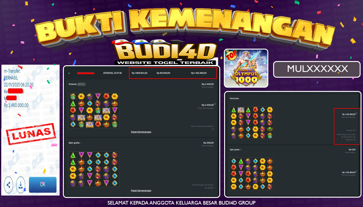 BUDI4D JACKPOT USER ID : MUL*** SLOT PRAGMATIC PLAY ( GATES OF OLYMPUS 1000 ) Rp.2.460.000,- LUNAS	