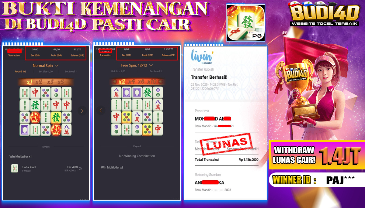 BUDI4D JACKPOT USER ID : PAJ*** SLOT PG SOFT ( MAHJONG WAYS ) Rp.1.416.000,- LUNAS