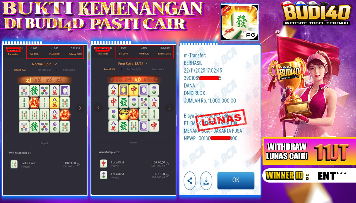 BUDI4D JACKPOT USER ID : ENT*** SLOT PG SOFT ( MAHJONG WAYS )  Rp.11.000.000,- LUNAS