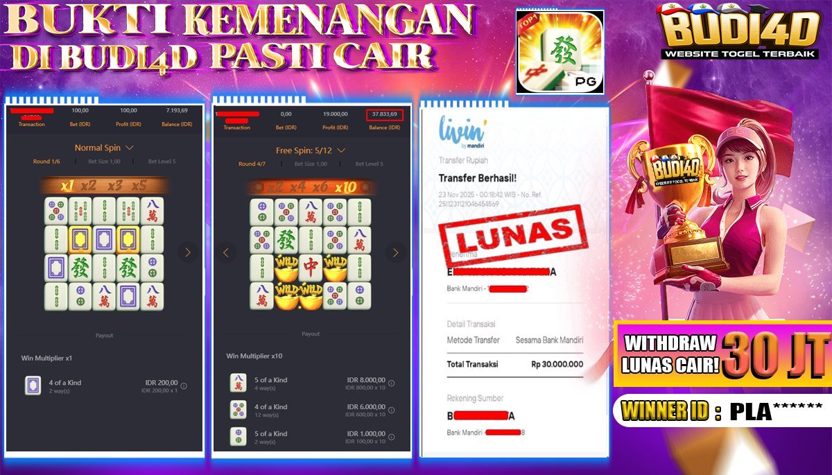 BUDI4D JACKPOT USER ID : PLA*** SLOT PG SOFT ( MAHJONG WAYS ) Rp.30.000.000,- LUNAS	