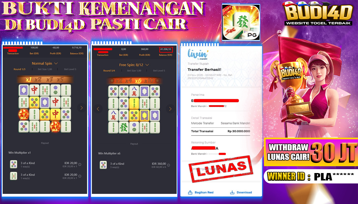 BUDI4D JACKPOT USER ID : PLAP*** SLOT PG SOFT ( MAHJONG WAYS ) Rp.30.000.000,- LUNAS	