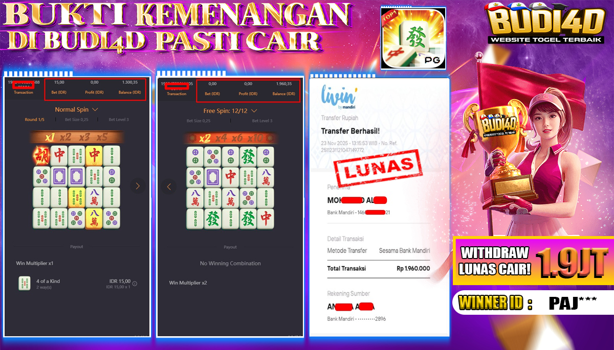 BUDI4D JACKPOT USER ID : PAJ*** SLOT PG SOFT ( MAHJONG WAYS ) Rp.1.960.000,- LUNAS