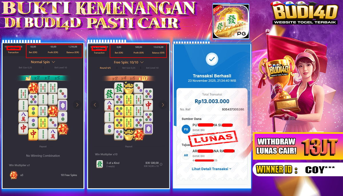 BUDI4D JACKPOT USER ID : COY*** SLOT PG SOFT ( MAHJONG WAYS 2 ) Rp.11.000.000,- LUNAS
