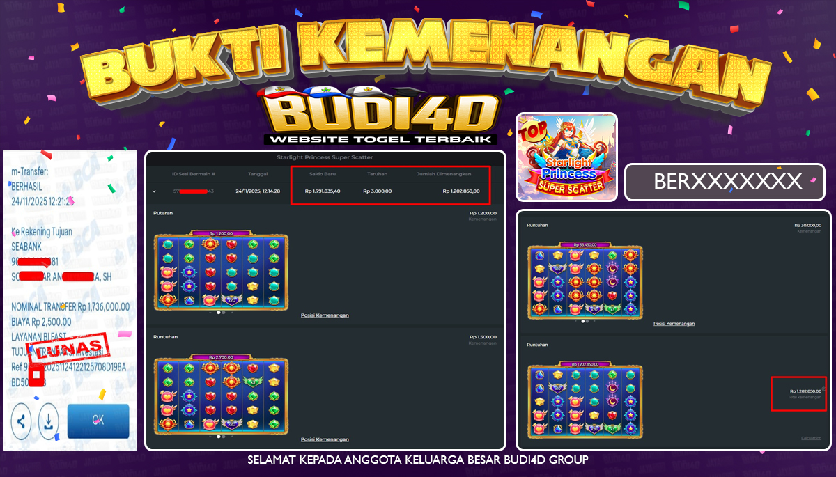 BUDI4D JACKPOT USER ID : BER*** SLOT PRAGMATIC PLAY ( Starlight Princess Super Scatter ) Rp.1.736.000,- LUNAS