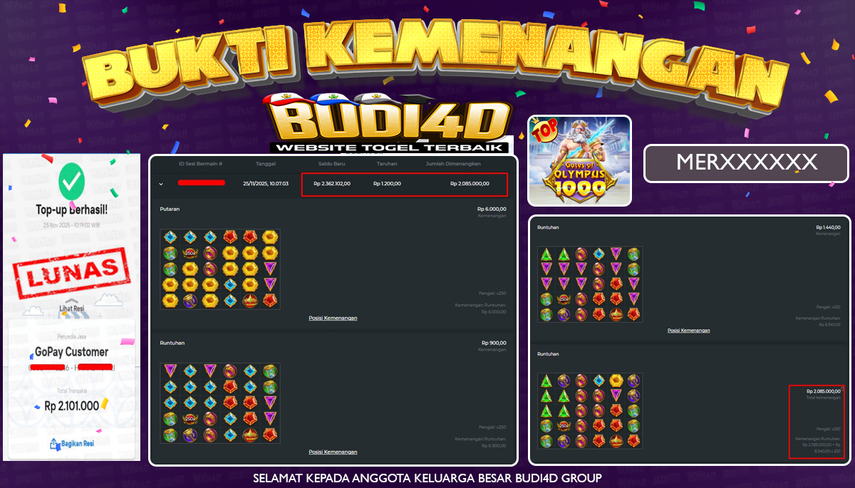ID PENGGUNA JACKPOT BUDI4D : MER*** SLOT PRAGMATIC PLAY (  Gates of Olympus 1000  ) Rp.2.100.000,- LUNAS	