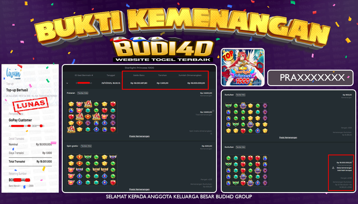 BUDI4D JACKPOT USER ID : PRAS*** SLOT PRAGMATIC PLAY ( Starlight Princess 1000 ) Rp.18.000.000,- LUNAS