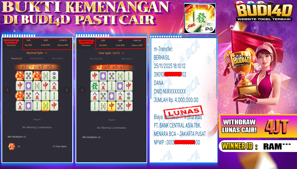 BUDI4D JACKPOT USER ID : ENT*** SLOT PG SOFT ( MAHJONG WAYS ) Rp.4.000.000,- LUNAS